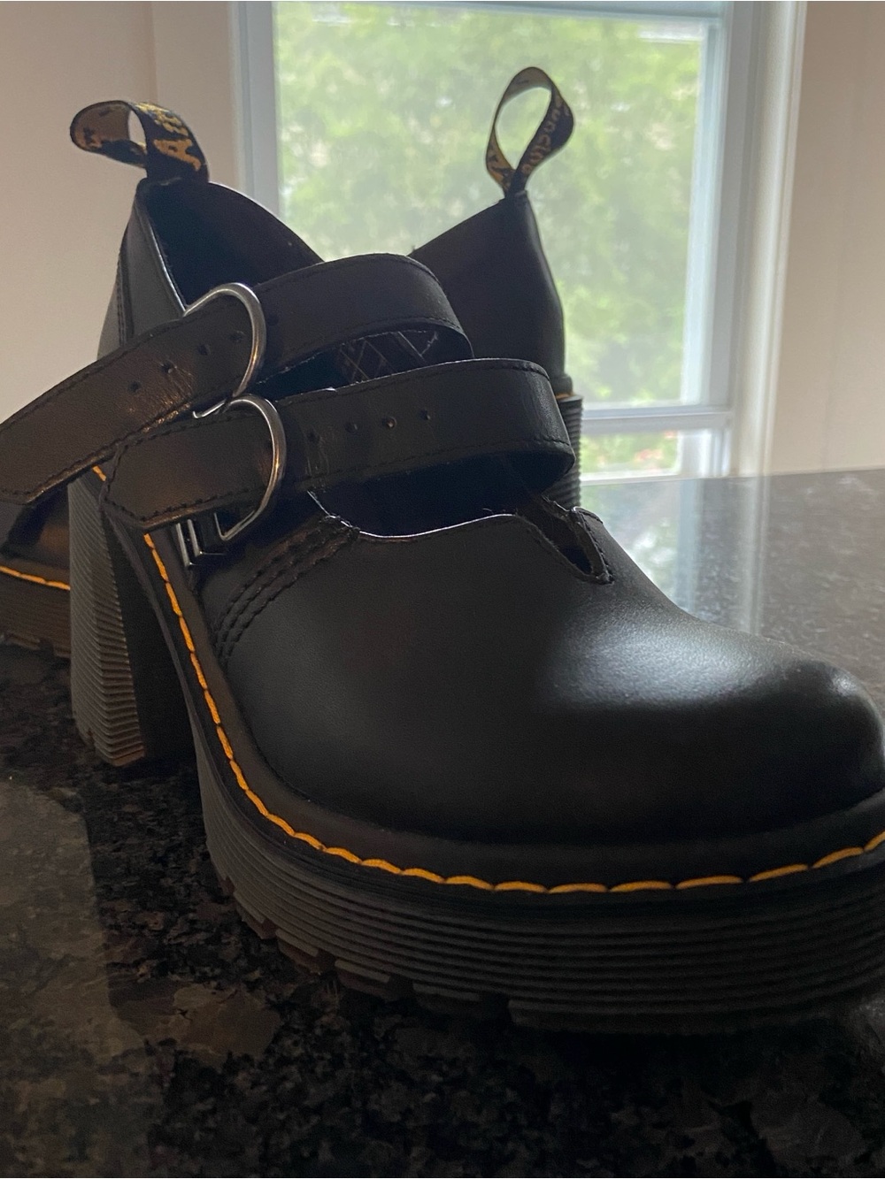 Dr. Martens Black Mary Jane Heels with Yellow Stitching